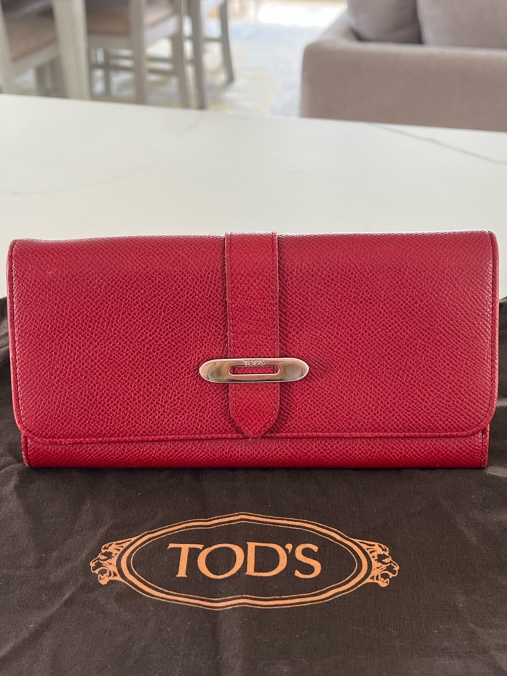 Tod’s Cherry Red Grained Leather Continental Long Flap Wallet & Dust Bag